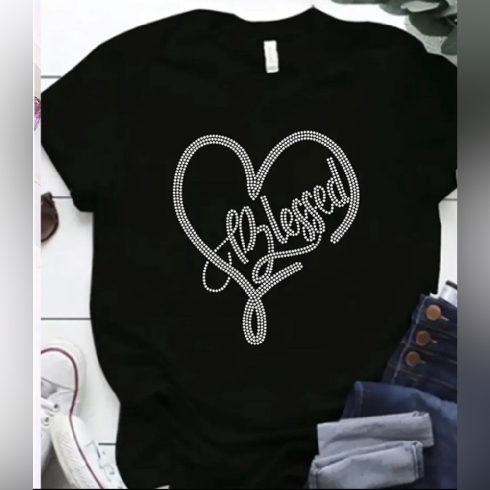 Black short sleeve stretch T-shirt with sliver blessed heart